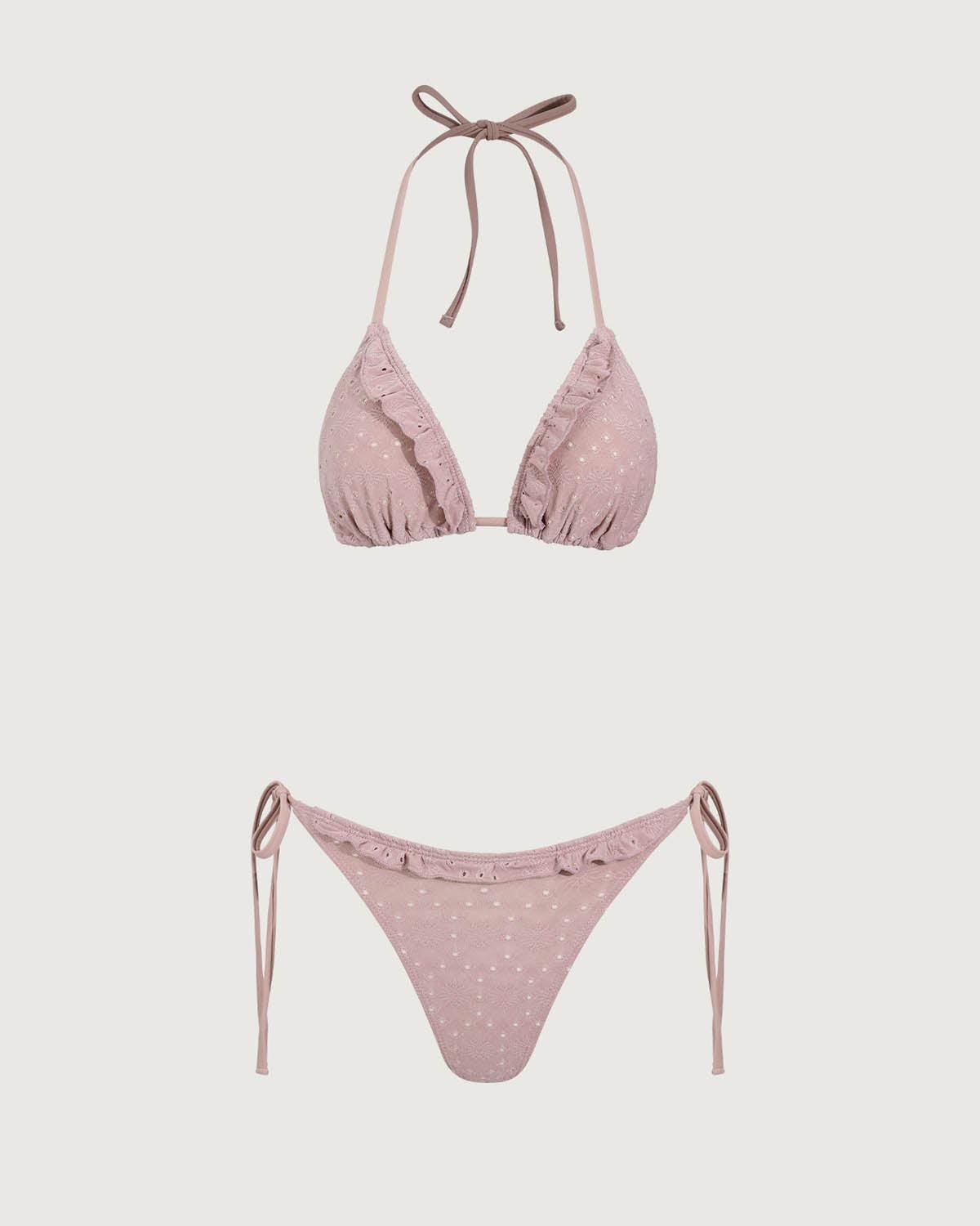 Pink Ruffle Drawstring Bikini Three Piece Suit Product Image