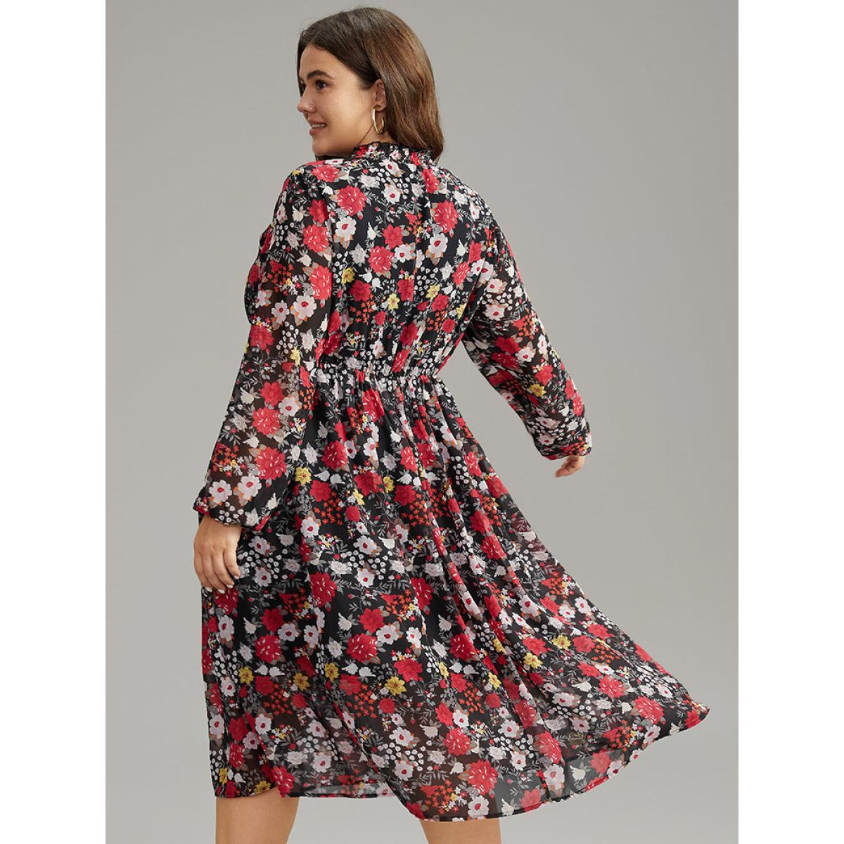 Plus Size Chiffon Floral Print Shirred Elastic Cuffs Dress Black Women Elegant Elastic cuffs Mock Neck Long Sleeve Curvy Midi Dress BloomChic 22-24/3X Product Image