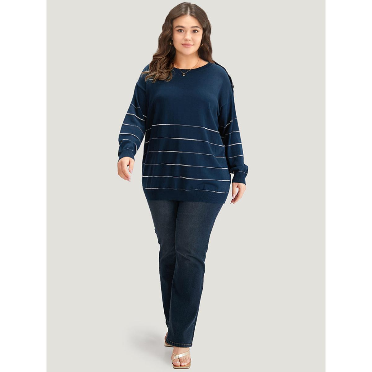 Plus Size Striped Metal Button Detail Elastic Cuffs Pullover Navy Women Casual Loose Long Sleeve Round Neck Everyday Pullovers BloomChic 12/L Product Image