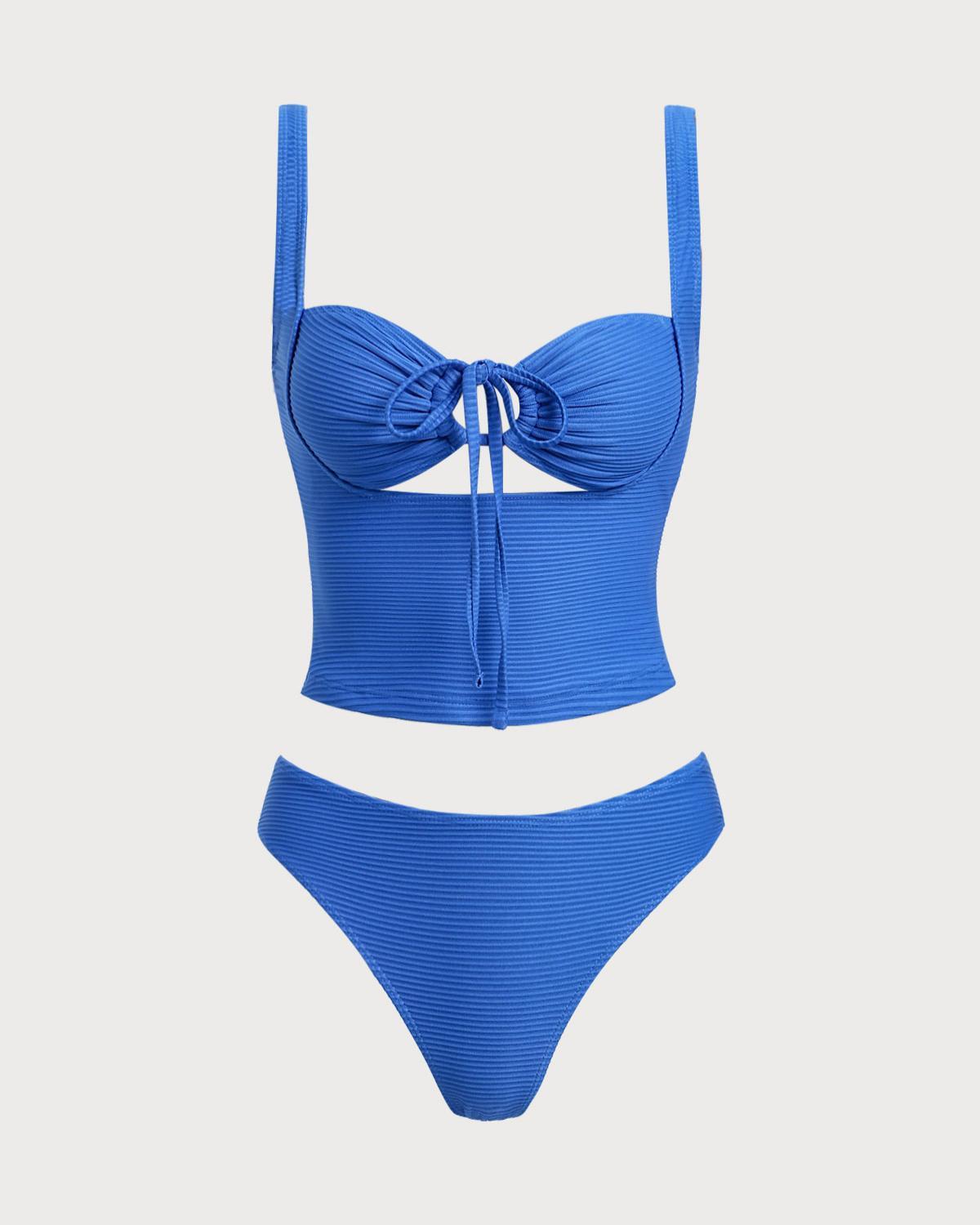 Blue Hollow Tie Rope Tankini Set Product Image