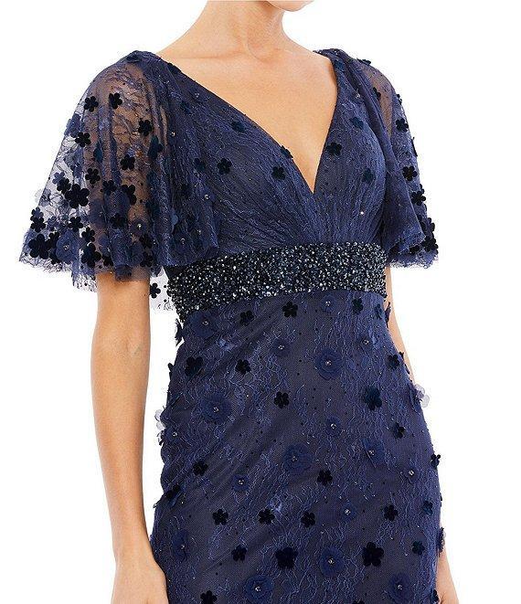 Mac Duggal V-Neck Short Flutter Sleeve Floral Pleated Cape Back Sheath Gown Product Image