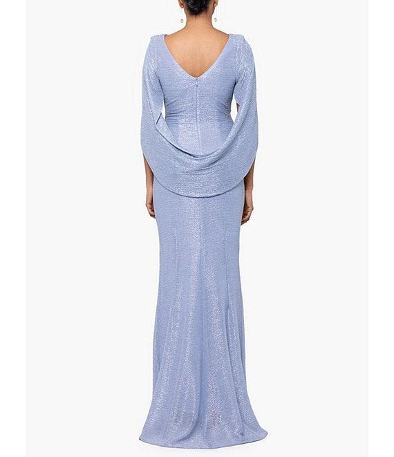 Betsy & Adam Drape Back Detail 3/4 Cape Sleeve Draped Round Neck Metallic Crinkle Ruched Sheath Gown Product Image