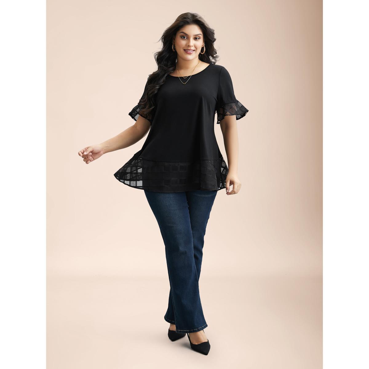 Plus Size Sheer Patchwork Ruffle Round Neck T-Shirt Black Women Elegant Patchwork Round Neck Everyday T-shirts BloomChic 14-16/1X Product Image