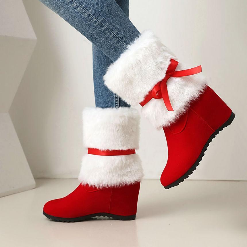 Ribbon Accent Furry Panel Ribbon Accent Short Boots Product Image