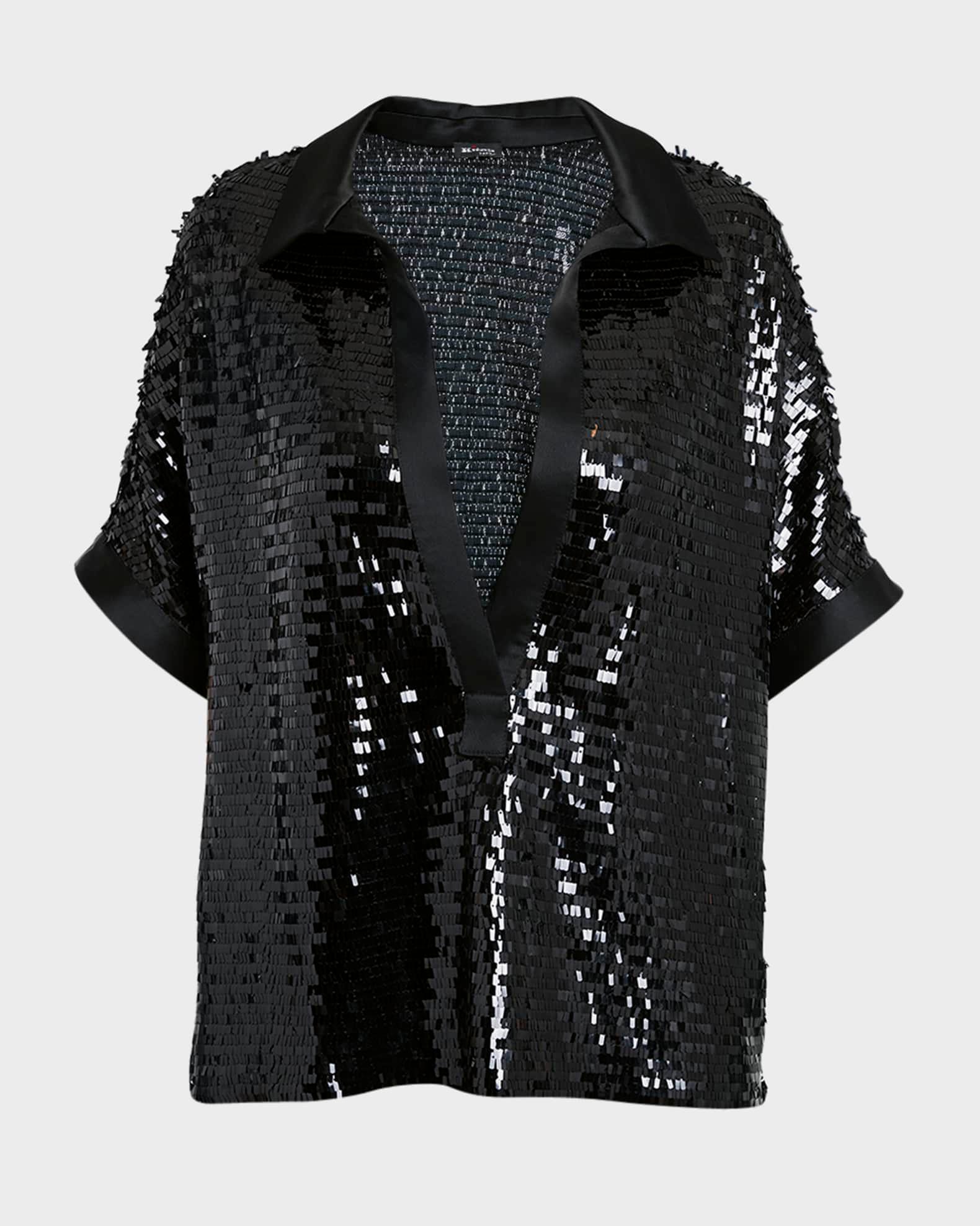 Sequin Open-Collar Satin-Trim Short-Sleeve Top Product Image