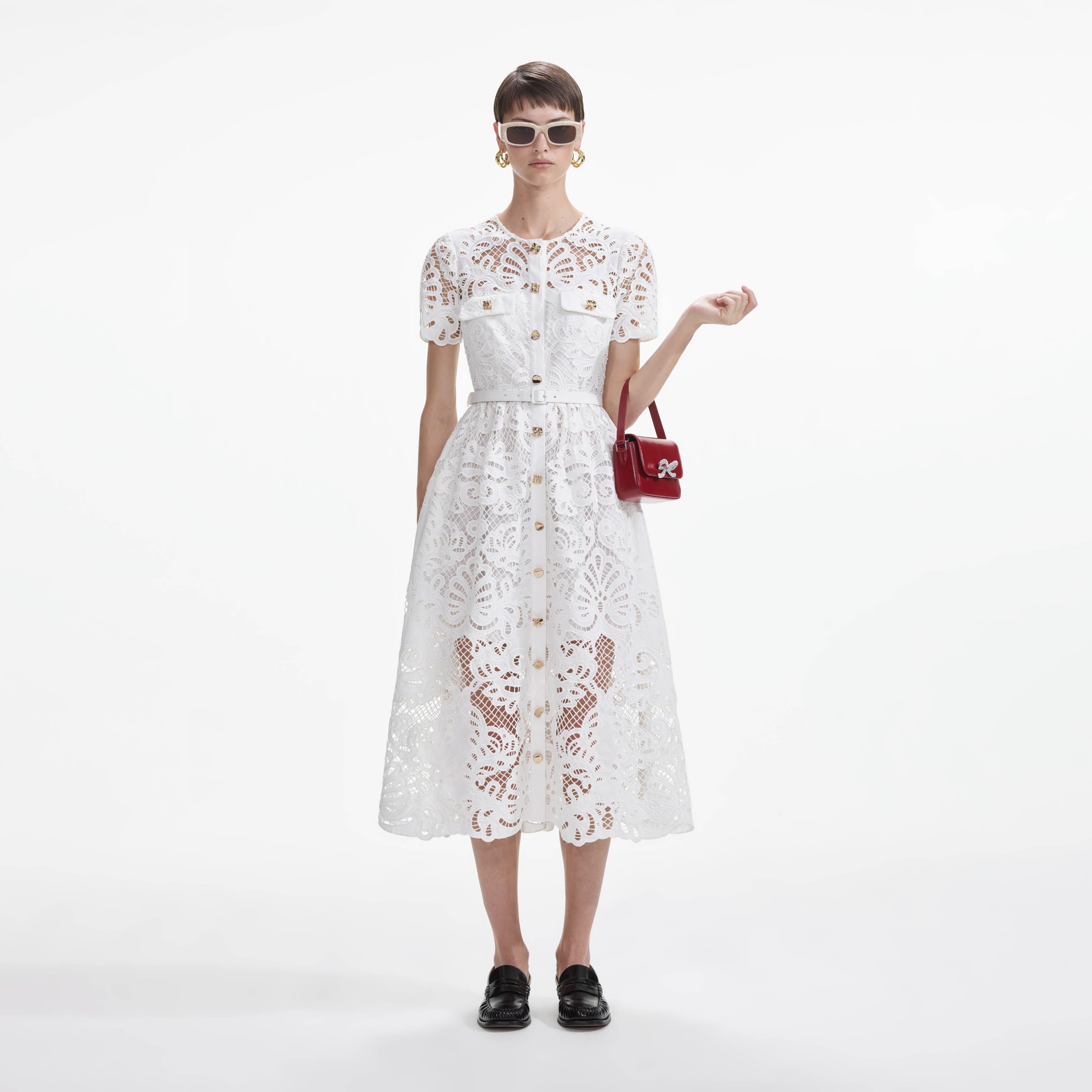 White Cotton Lace Button Midi Dress Product Image