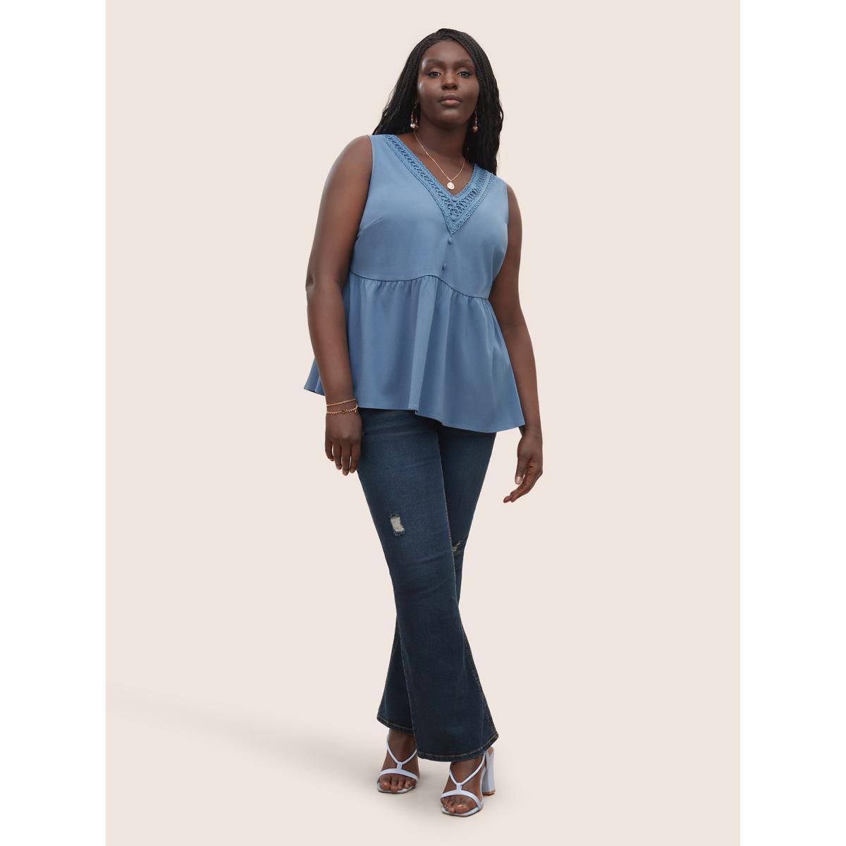 Plus Size Solid Lace Patchwork Gathered Tank Top Women Stone Elegant Button V-neck Everyday Tank Tops Camis BloomChic 12/L Product Image