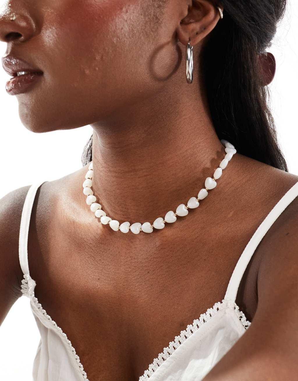 ASOS DESIGN short necklace with faux pearl heart design Product Image