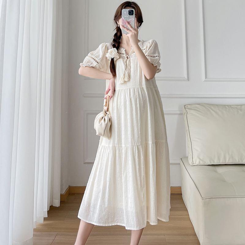 Maternity Short-Sleeve V-Neck Plain Midi A-Line Dress Product Image