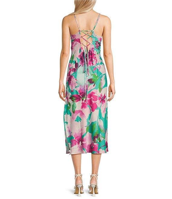 Honey and Rosie Printed Floral Satin Sleeveless Sweetheart Neckline Midi Dress Product Image