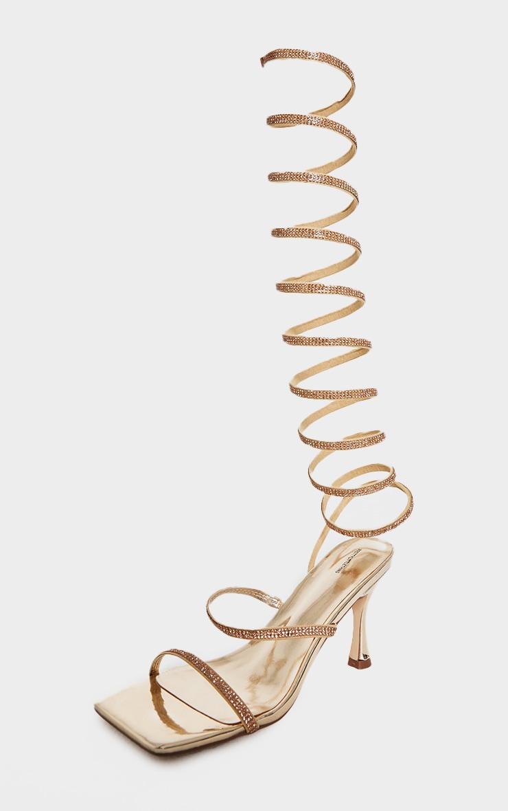 Gold PU Square Toe Diamante Spiral Mid Stiletto Heeled Sandals Product Image