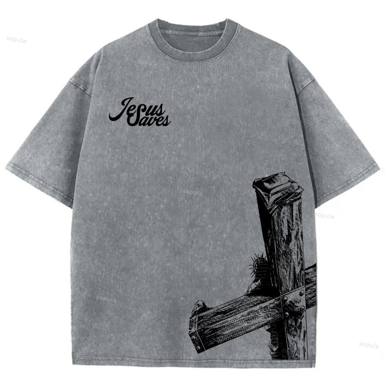Sopula Vintage Casual Jesus Saves Graphic Acid Washed T-Shirt Product Image