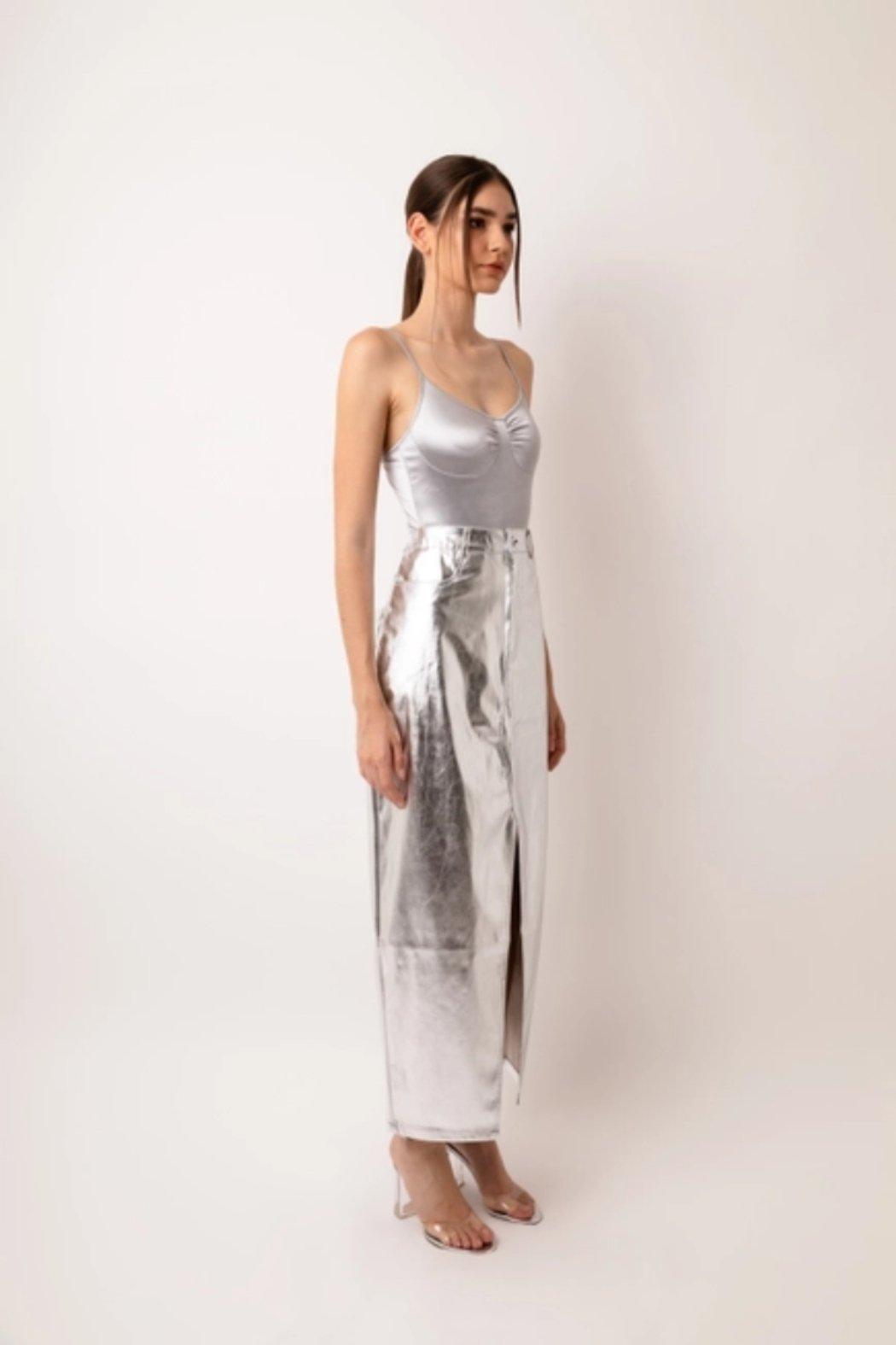 Metallic Silver Pencil Skirt Product Image