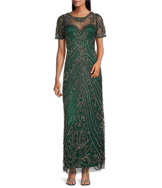 Pisarro Nights Mesh Short Sleeve Beaded Sheath Gown Product Image