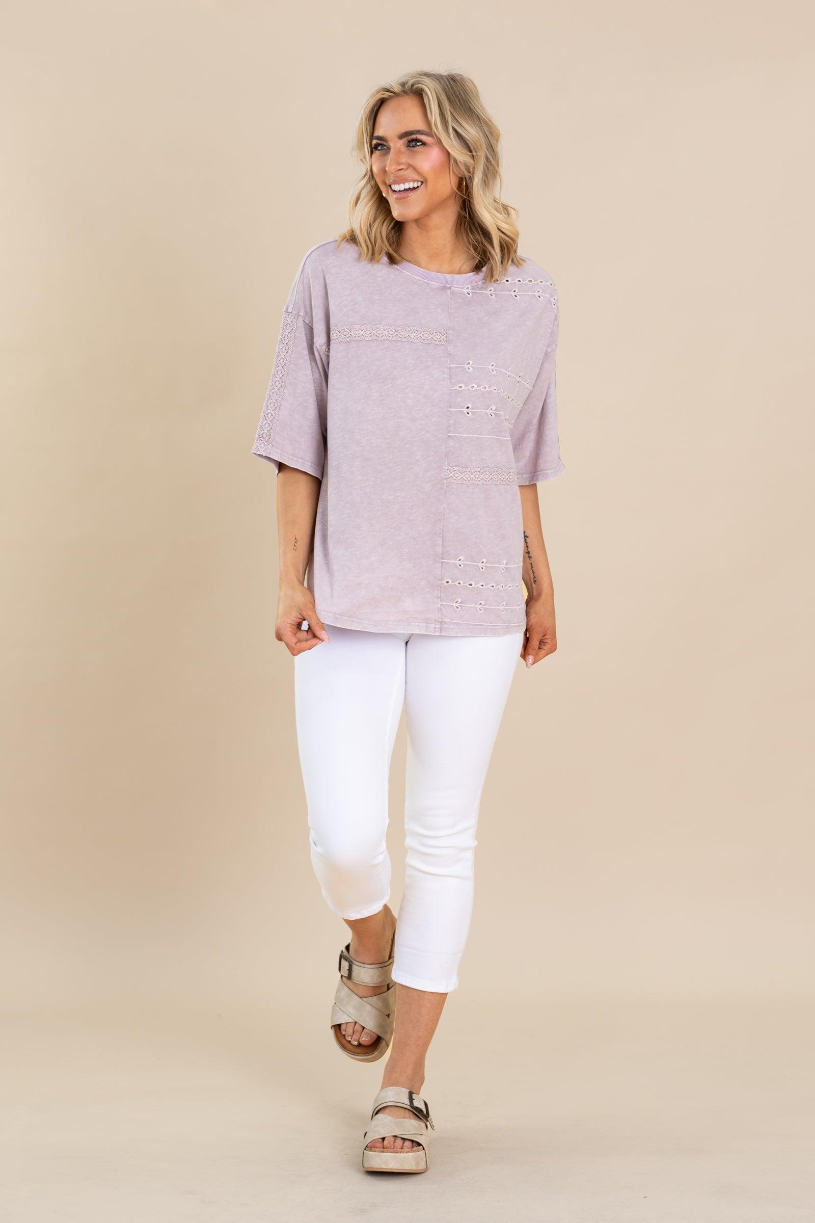 Dusty Lavender Embroidery Mix Slub Knit Top Product Image