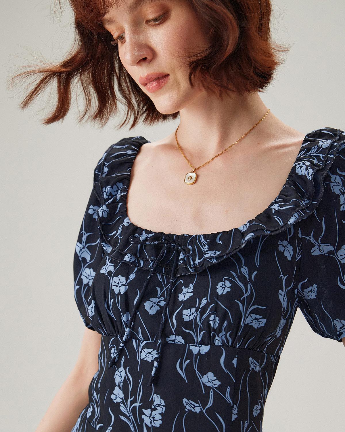 Navy Floral U-Neck Puffed-Sleeve Maxi Dress Product Image