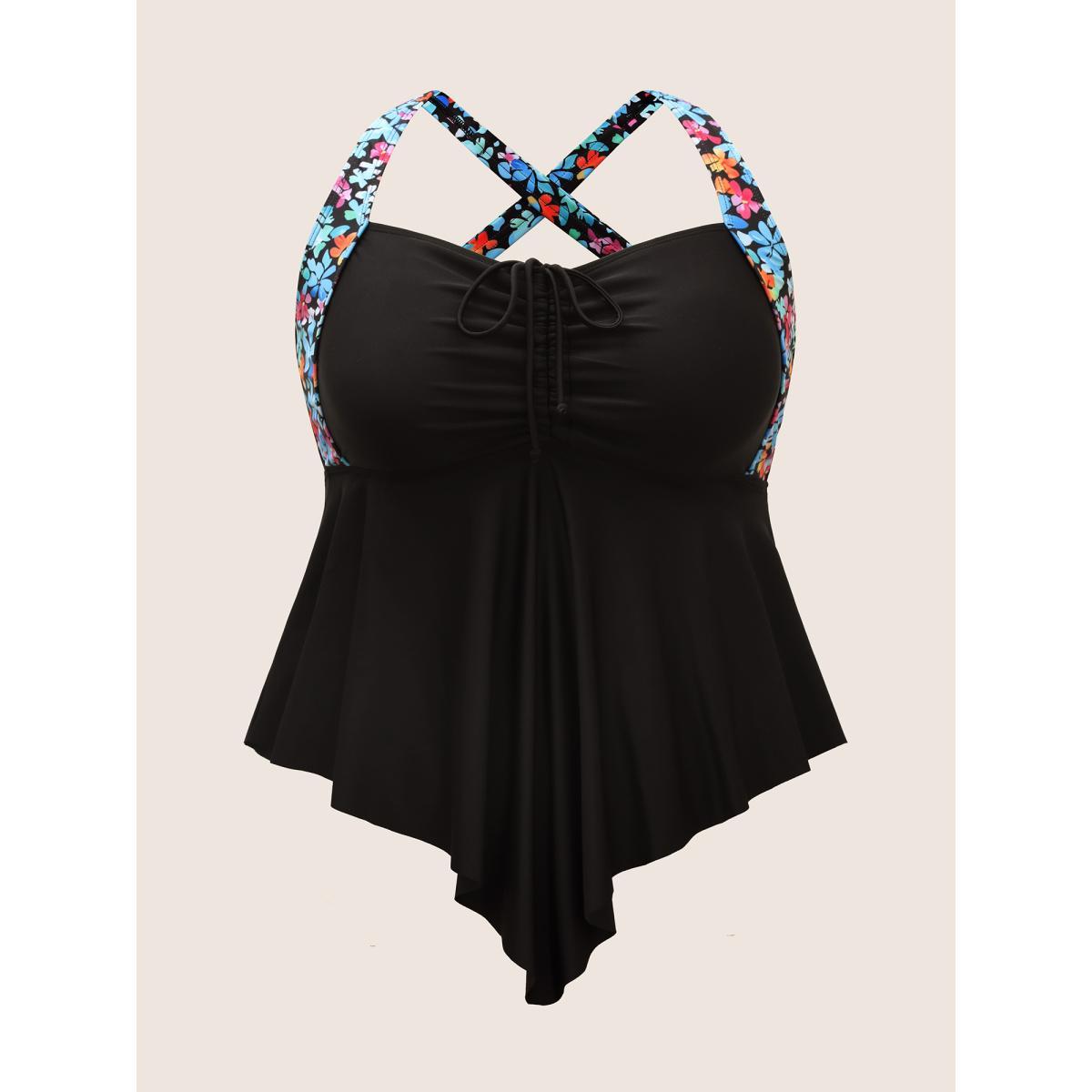Plus Size Contrast Floral Patchwork Hanky Hem Swim Top Women's Swimwear Black Beach Patchwork High stretch Bodycon Heart neckline Curve Swim Tops BloomChic 30/6X Product Image