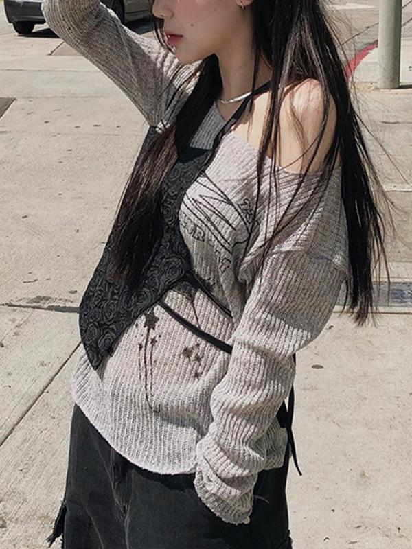 Cat Off Shoulder Oversized Long Sleeves Tee Product Image