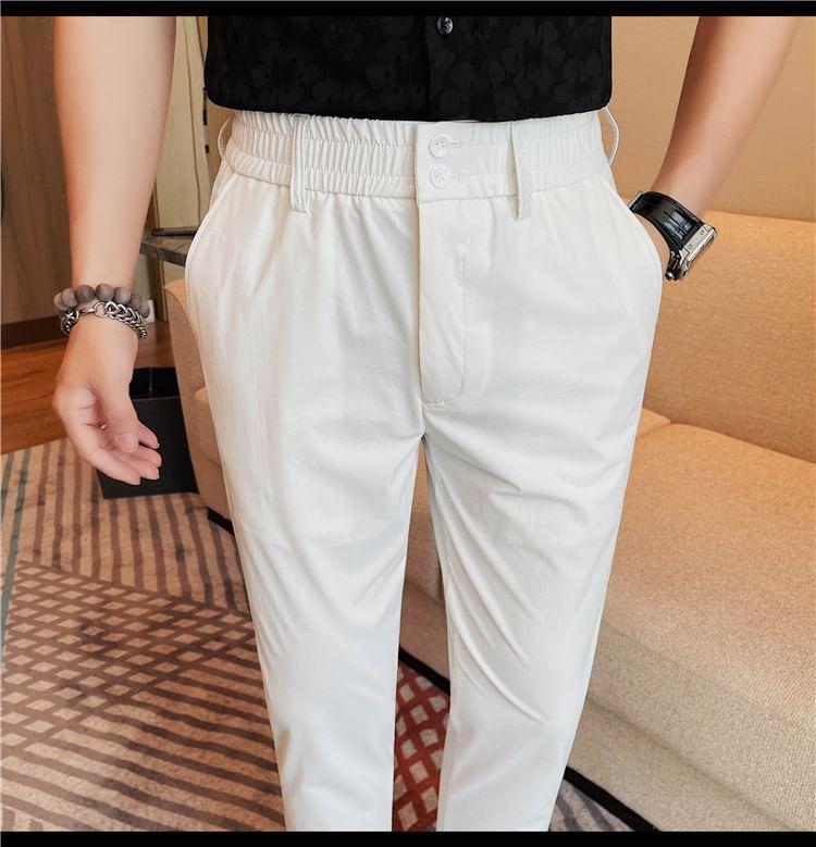 Elastic Waist Plain Cropped Straight Leg Pants Product Image
