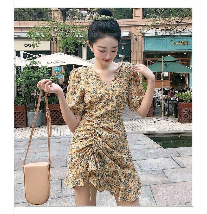 Puff Sleeve V-Neck Floral Drawstring Ruched Asymmetric Mini Dress Product Image