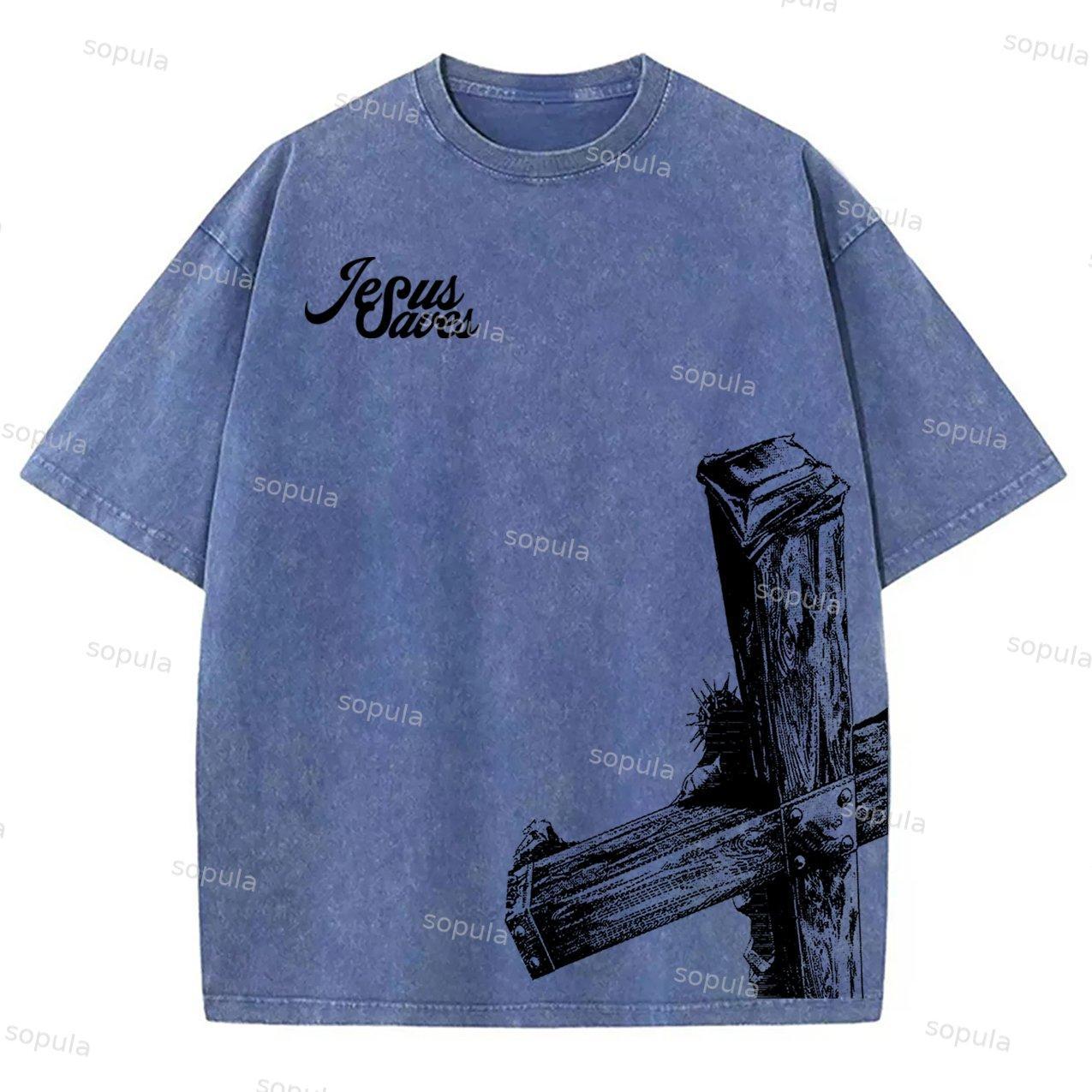 Sopula Vintage Casual Jesus Saves Graphic Acid Washed T-Shirt Product Image