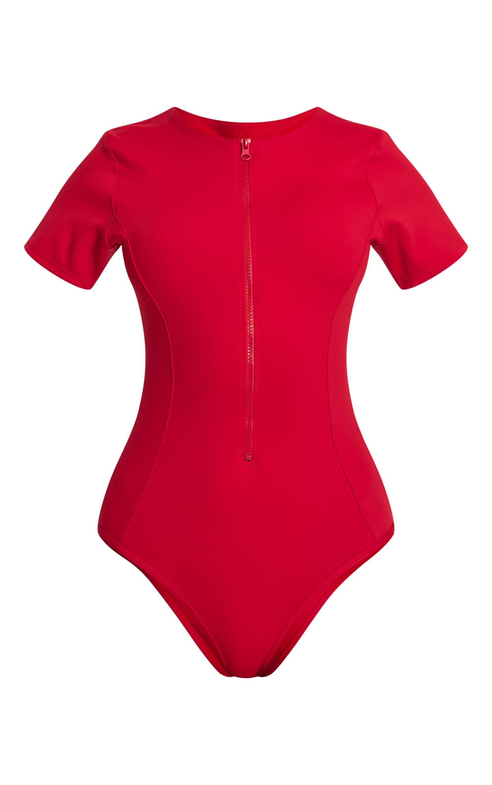 Red Scuba Zip Up Swimsuit Product Image