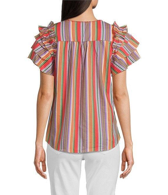 Calessa Multi Stripe Split V-Neck Short Ruffle Sleeve Tunic Product Image