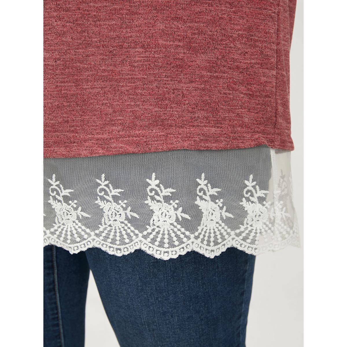 Plus Size Solid Round Neck Lace Hem Long Tee Raspberry Women Elegant Patchwork Plain Round Neck Dailywear T-shirts BloomChic 18-20/2X Product Image