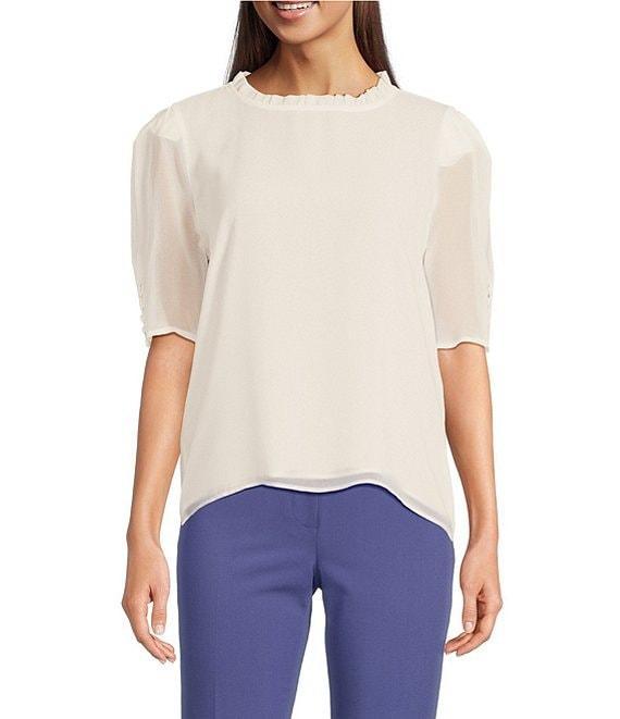 Calvin Klein Chiffon Ruffle Mock Neck Puff Sleeve Blouse Product Image