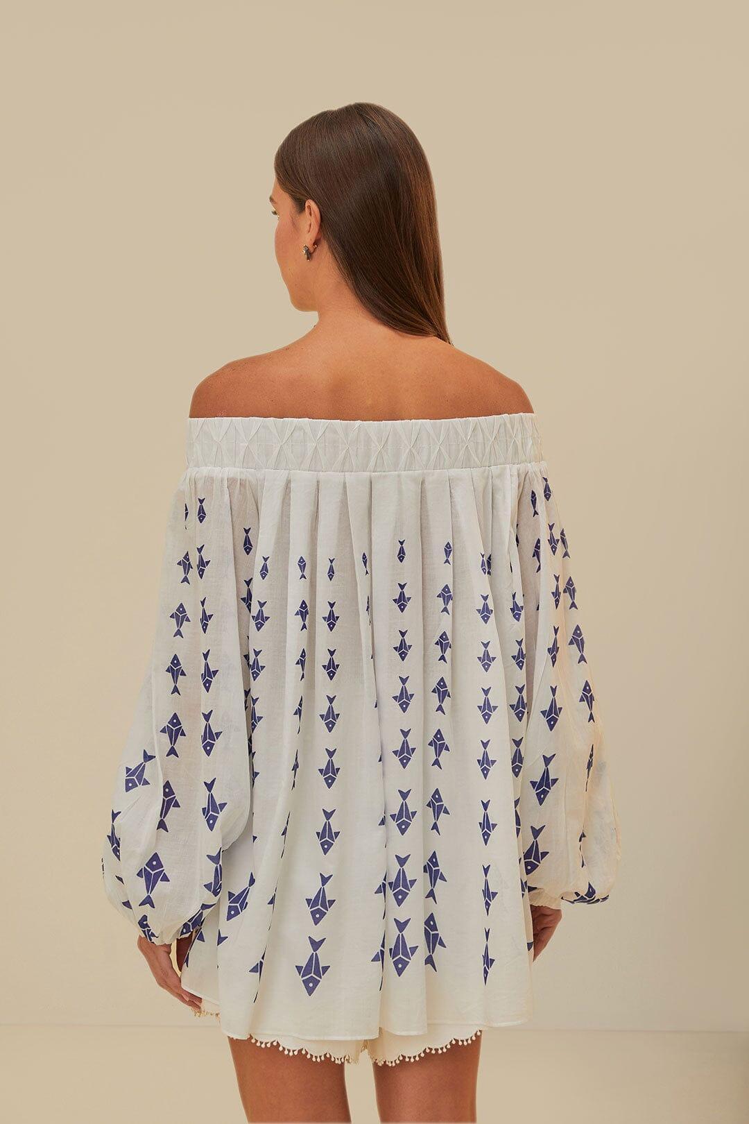 Off-White Graphic Fishes Off-Shoulder Blouse Product Image