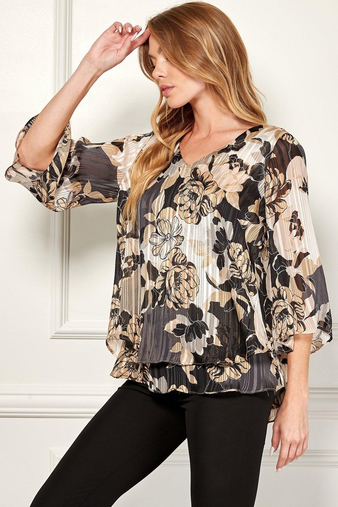 Black & Taupe 3/4 Sleeve V Neck Double Layer Split Back Blouse Product Image