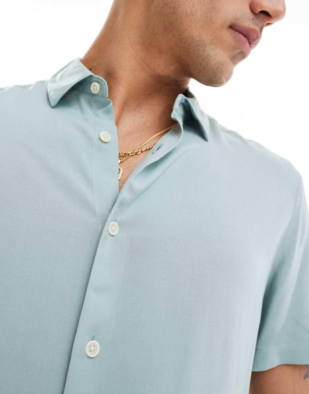 ASOS DESIGN short sleeve regular fit viscose shirt in sage green Product Image