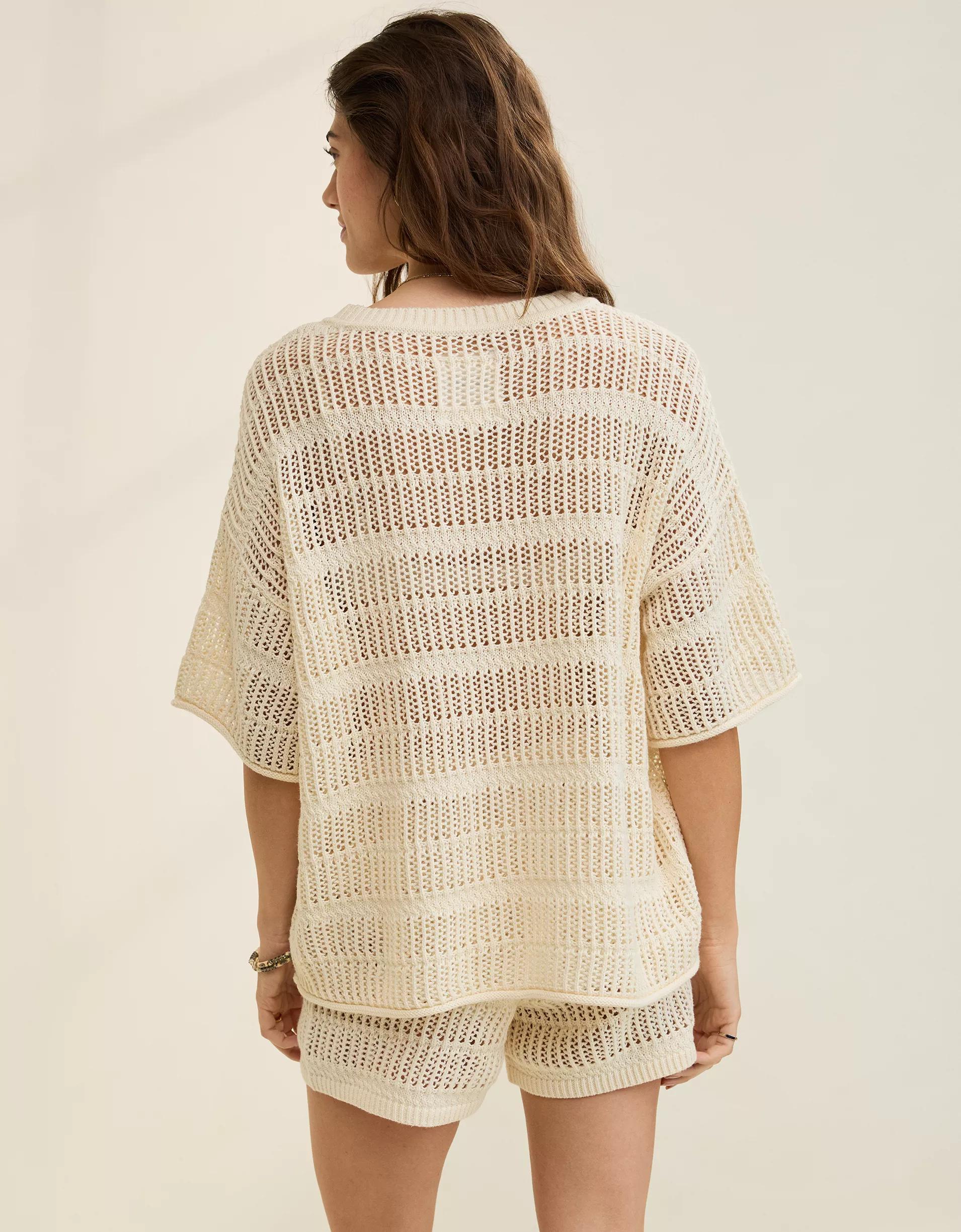 Aerie Crochet Oversized Short Sleeve Sweater Product Image