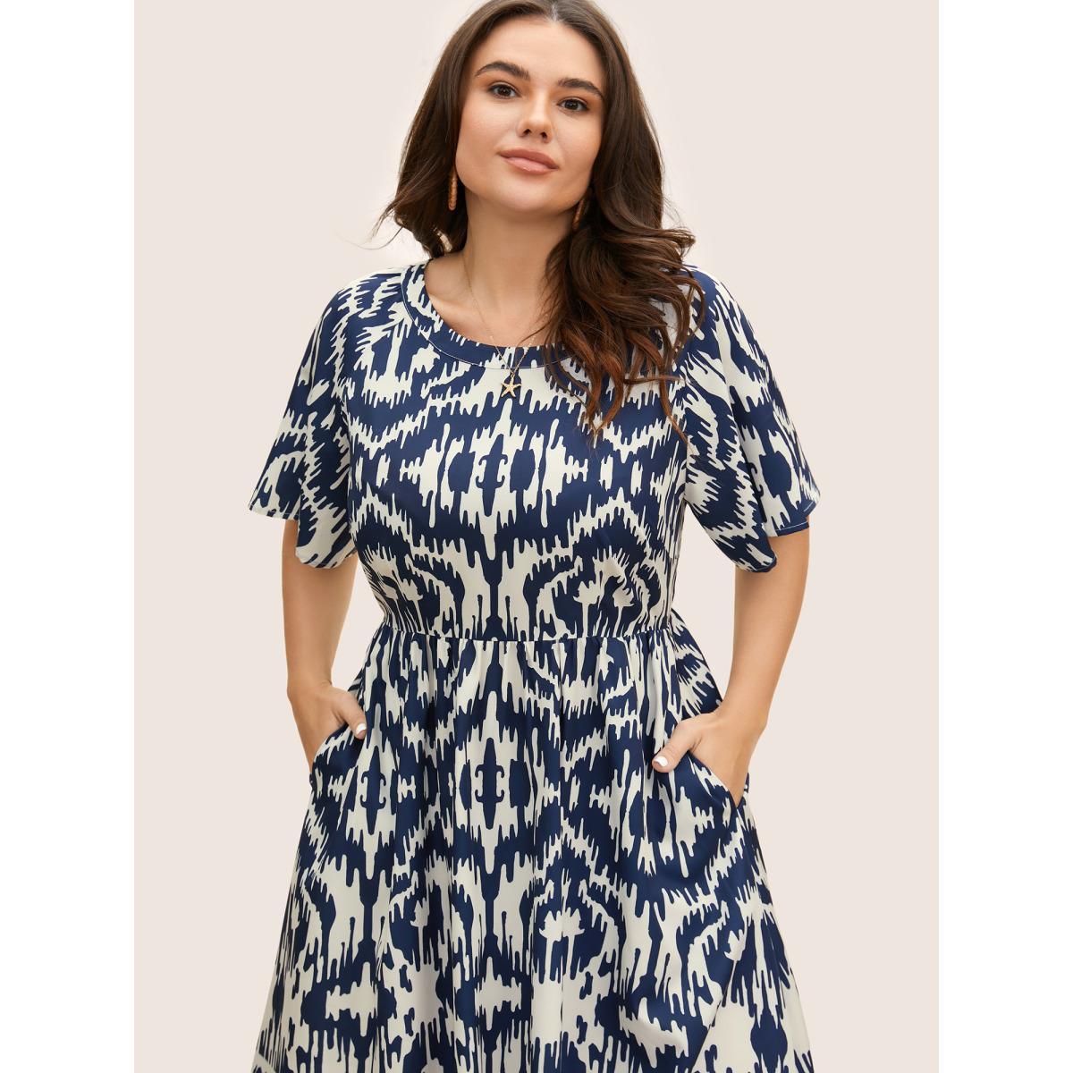 Plus Size Boho Print Ruffle Sleeve Midi Dress DarkBlue Women Resort Non Round Neck Short sleeve Curvy BloomChic 10/M Product Image