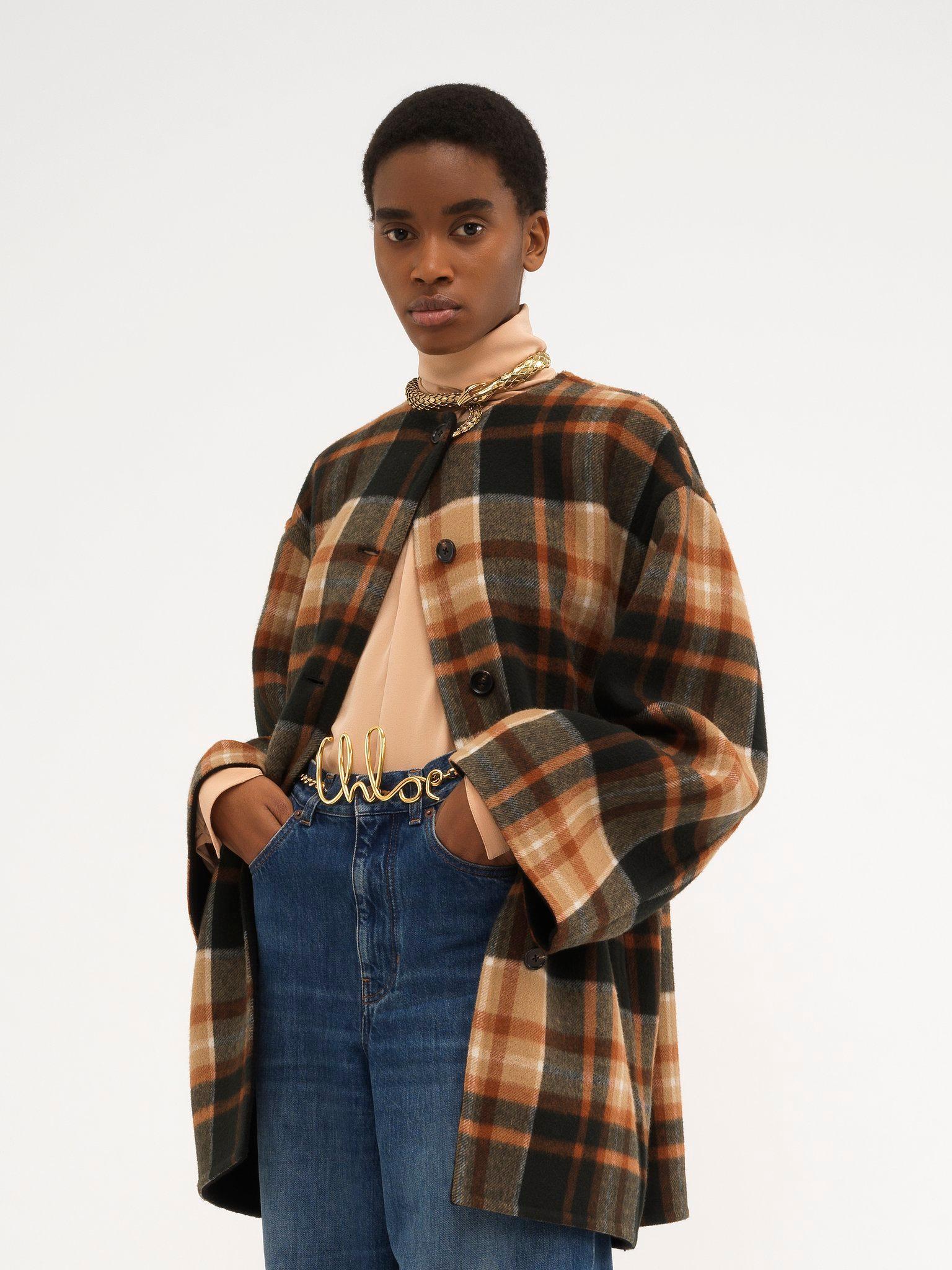 Mid-length coat in checked wool Product Image