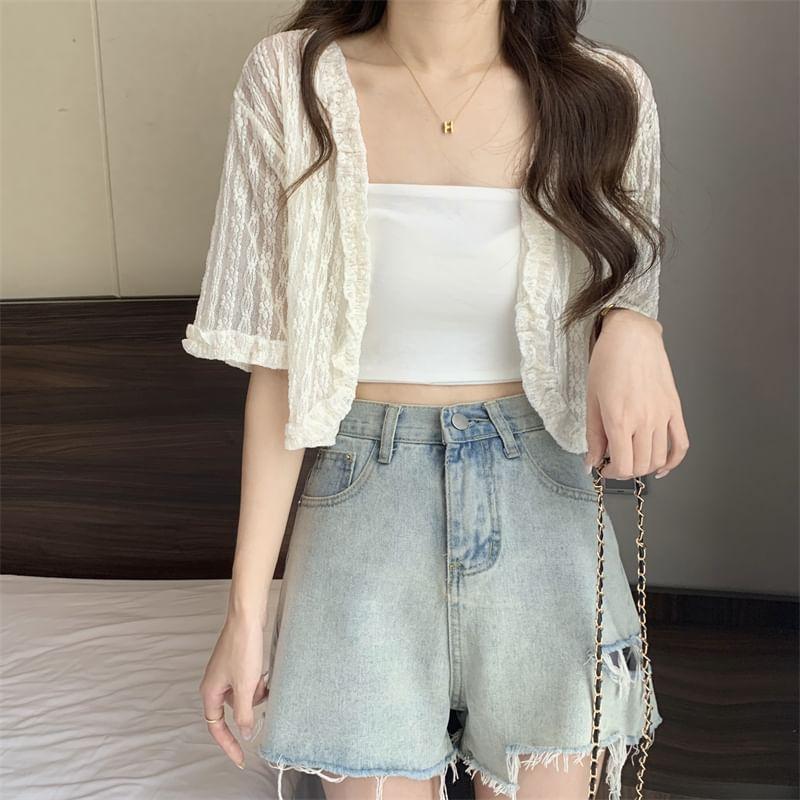 Short-Sleeve Lace Open Front Crop Light Jacket / Camisole Top Product Image