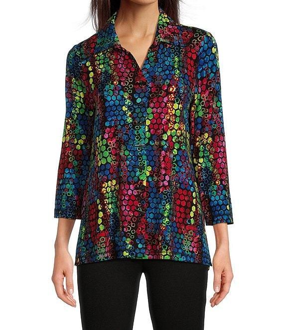 Ali Miles Knit Abstract Tile Print Point Collar 3/4 Sleeve Hi-Low Hem Button-Front Tunic Product Image