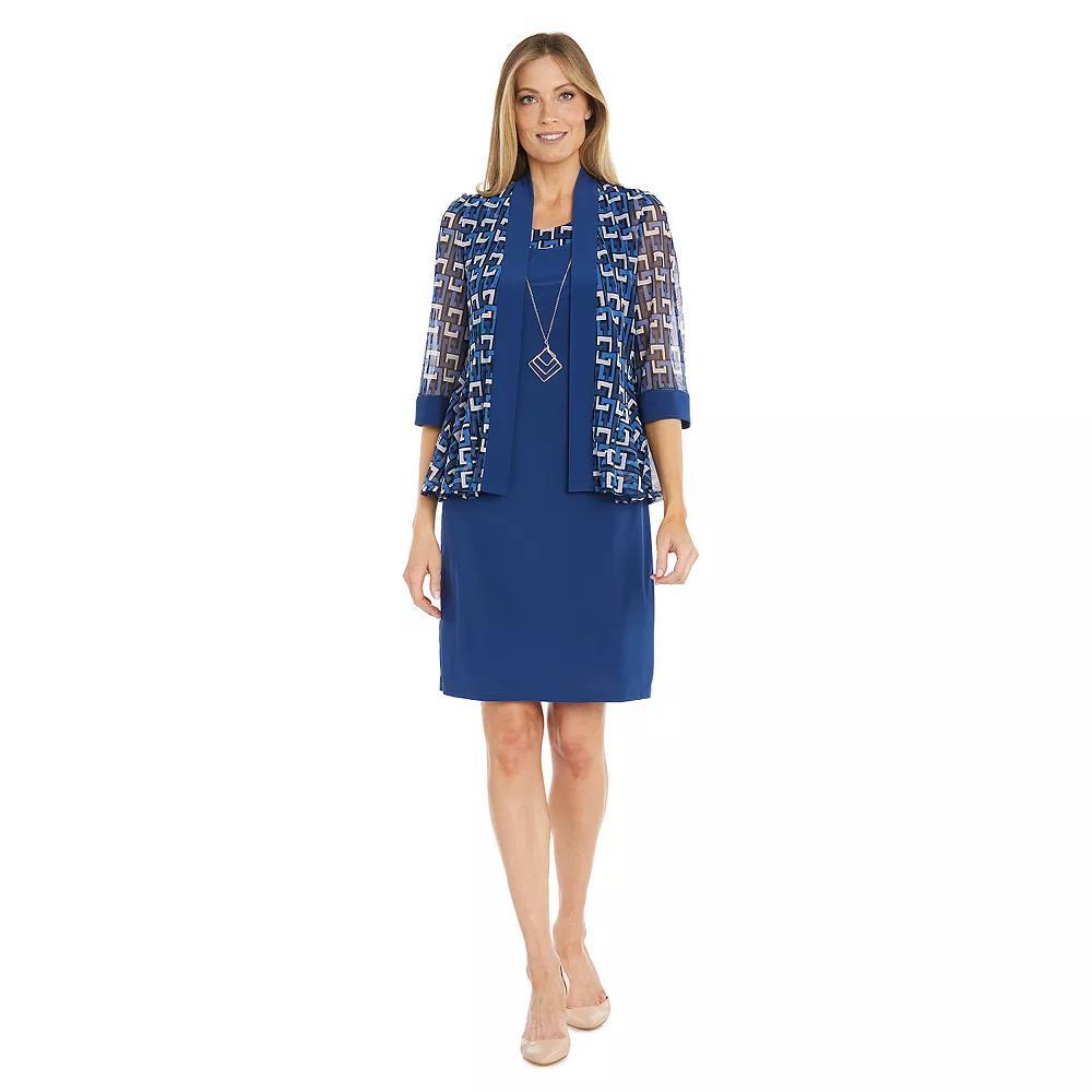Women's R&M Richards Jacket And Dress Set With Geometric Print, Size: 8, Blue White Product Image