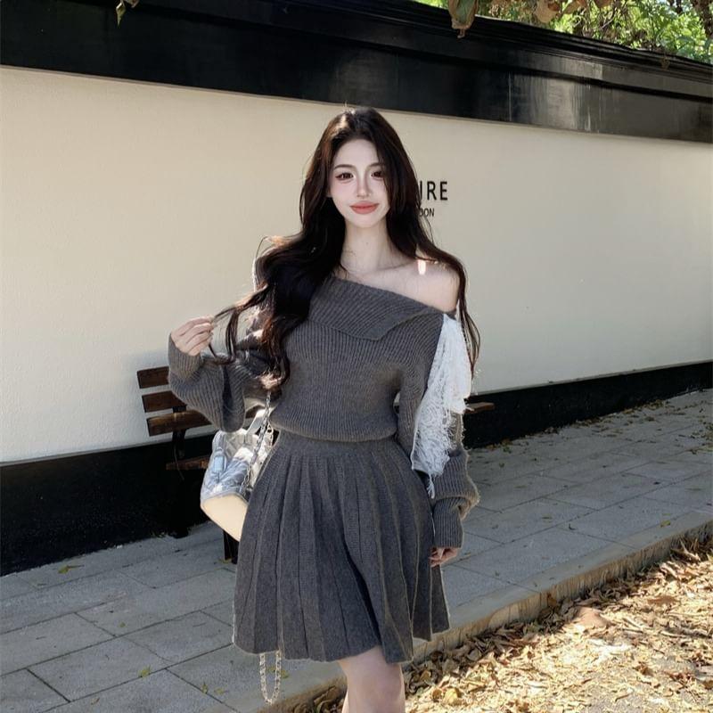 Long-Sleeve Off Shoulder Knit Mini A-Line Dress Product Image