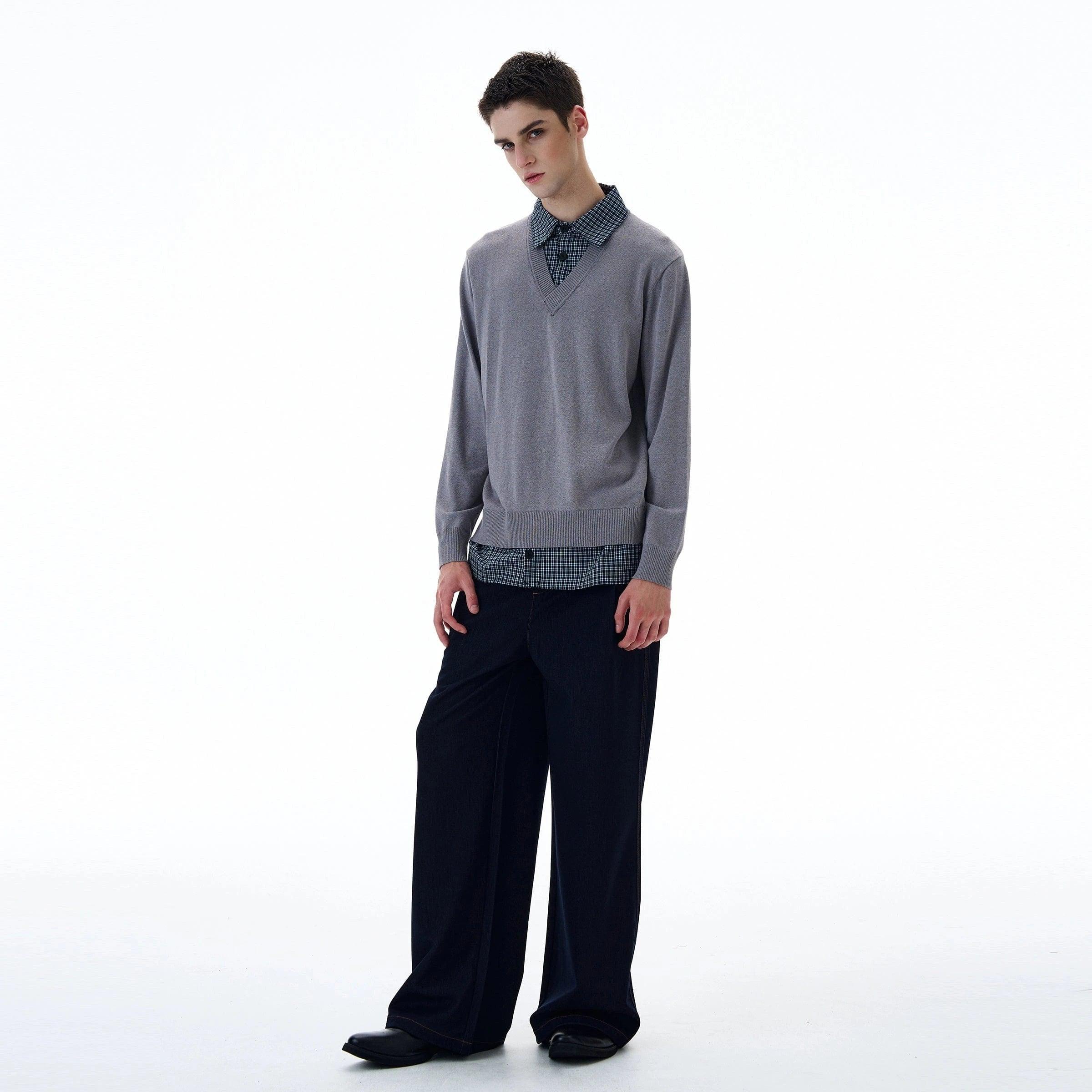 RT No. 20008 TWO PIECE BUTTON-UP SHIRT V-NECK SWEATER Product Image