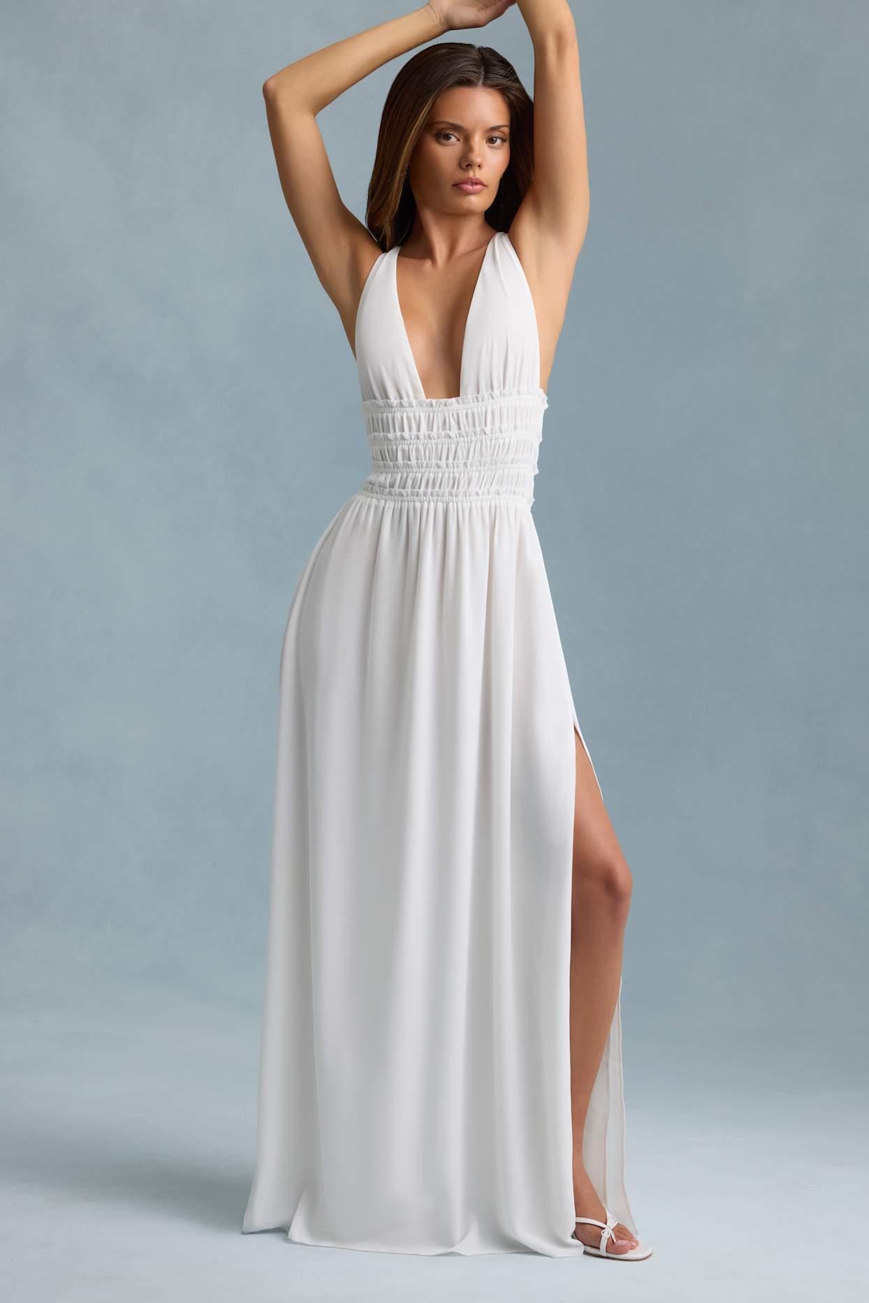 Plunge Cross-Back Maxi Dress in White Product Image