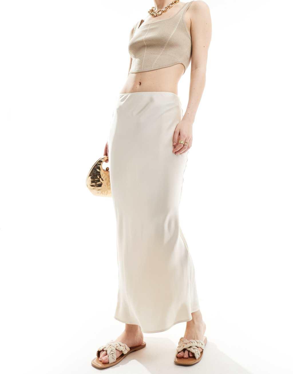 ASOS DESIGN satin bias cut maxi skirt in oyster Product Image