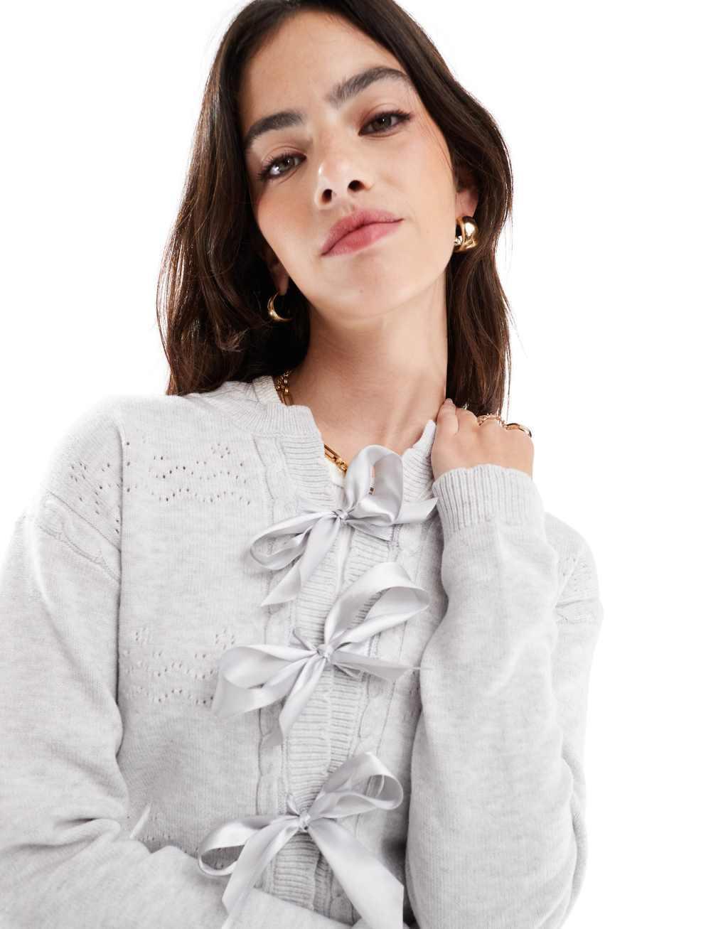 Cotton On bow cardigan in light gray Product Image