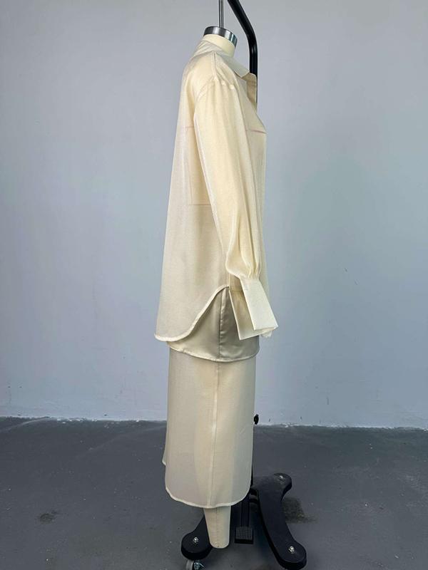 Loose Solid Color See-Through Long Sleeves Lapel Blouse + Skirt Two Pieces Set Product Image