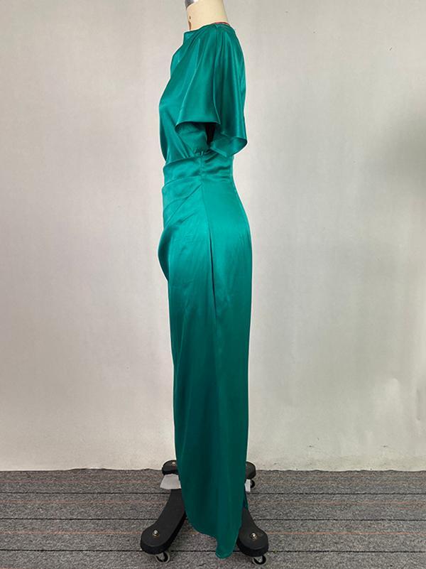 Loose Short Sleeves Pleated Solid Color Maxi Dresses Product Image