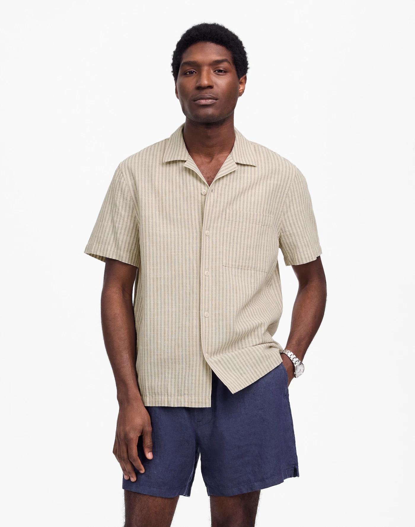 Short-Sleeve Button-Up Shirt in Indigo-Dyed Stripe Product Image