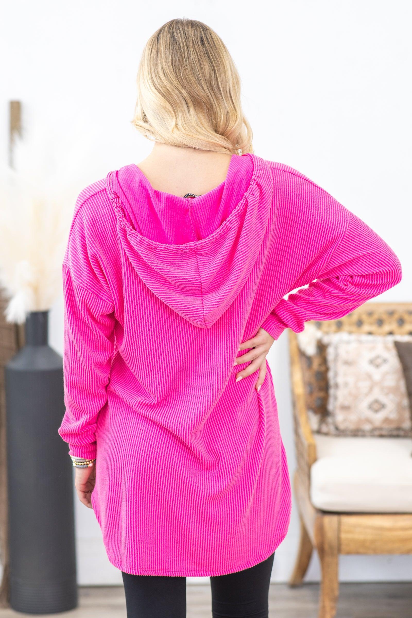 Ribbed V-Neck Hooded Long Sleeve Top Product Image