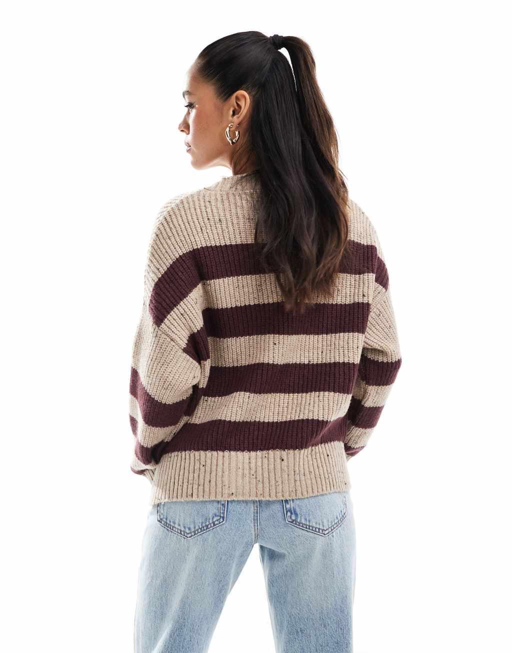 Pull&Bear heather effect knit sweater in burgundy & sand stripe Product Image