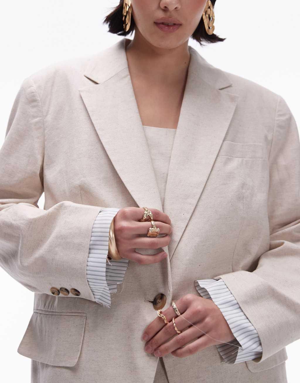 Topshop oversized linen blazer with exposed stripe lining in ecru - part of a set Product Image