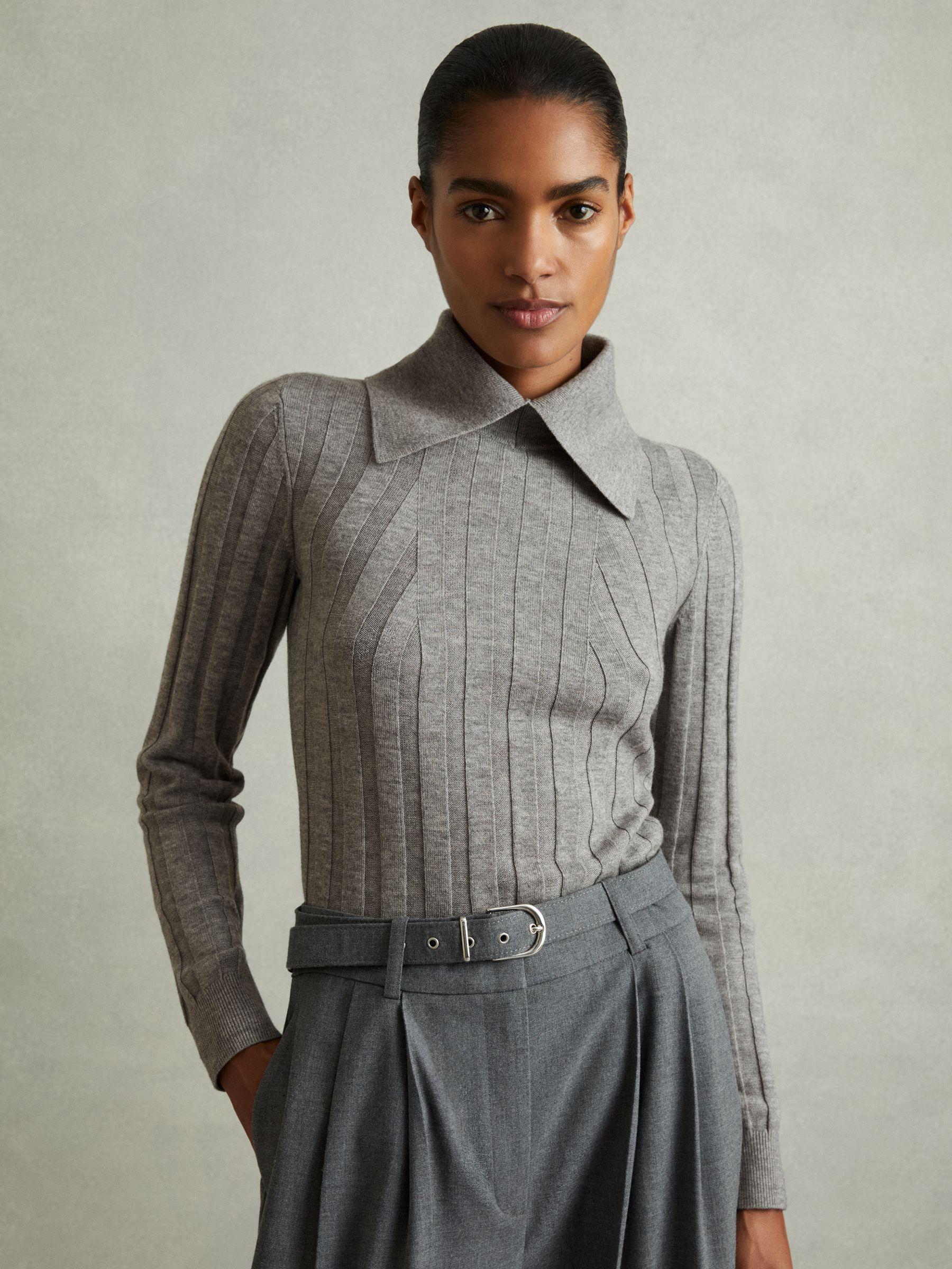Ribbed Collared Top in Grey Product Image